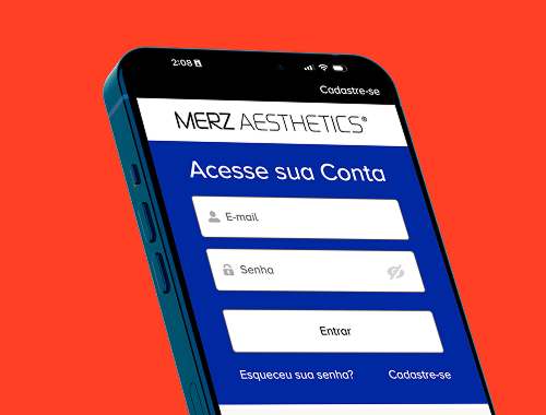 Smartphone exibindo tela de login do aplicativo Merz Aesthetics, com título "Acesse sua Conta", campos de E-mail e Senha, botão "Entrar", e links "Esqueceu sua senha?" e "Cadastre-se". Fundo em tom laranja-avermelhado.